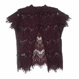 Inny Short Sleeve Sheer Lace 1/2 Zip Open Back Top Maroon Size M